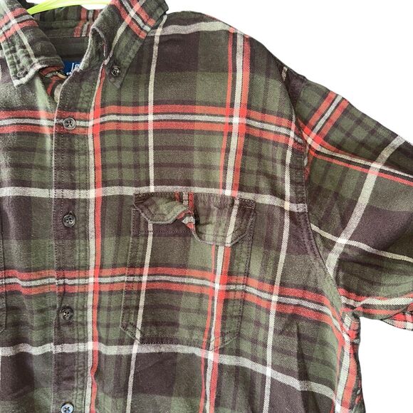Long Sleeve Checkered Plaid Button Down Flannel Mens Large Green Red Lumberjack - Picture 13 of 16